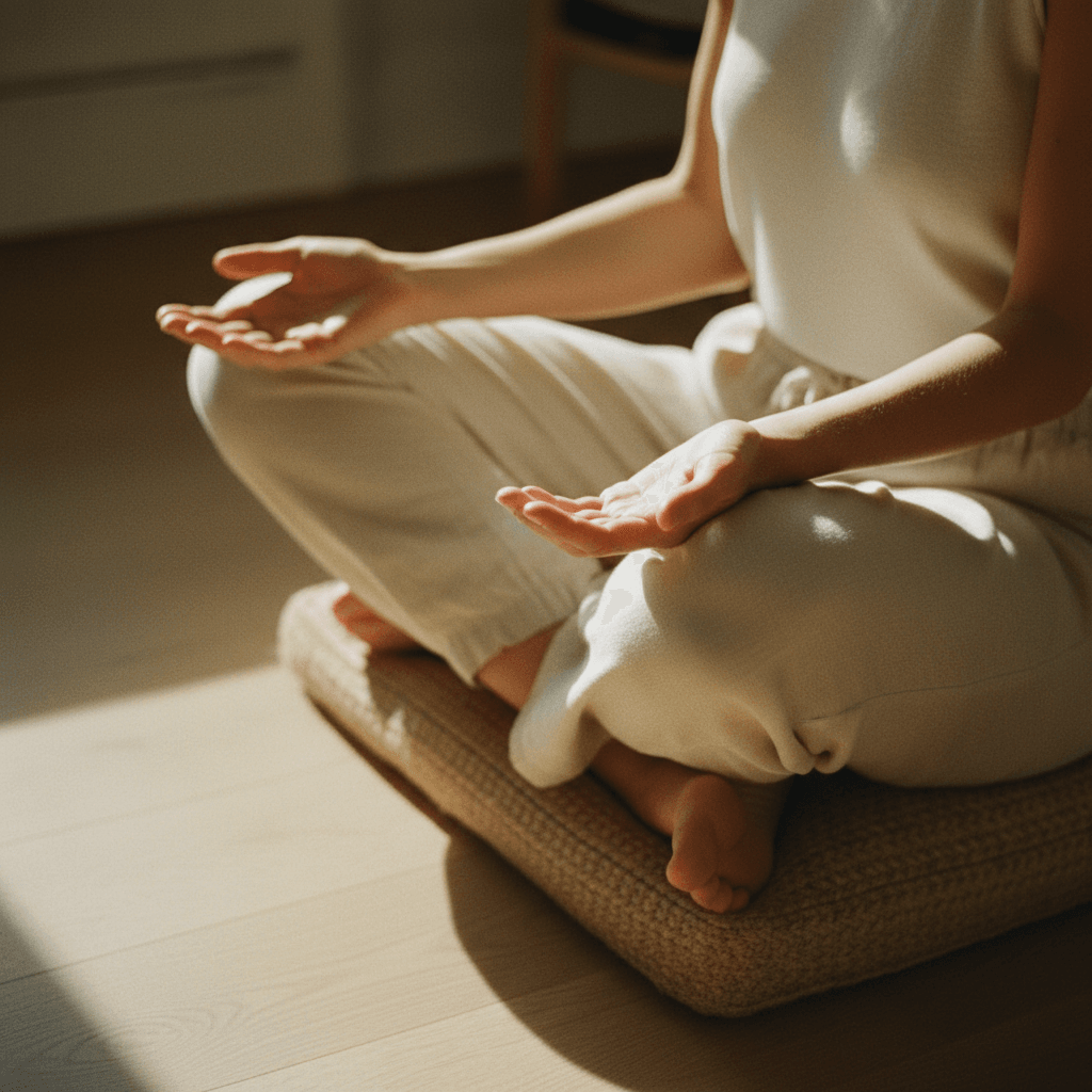 Detail otvorených dlaní položených na kolenách počas päťminútovej meditácie