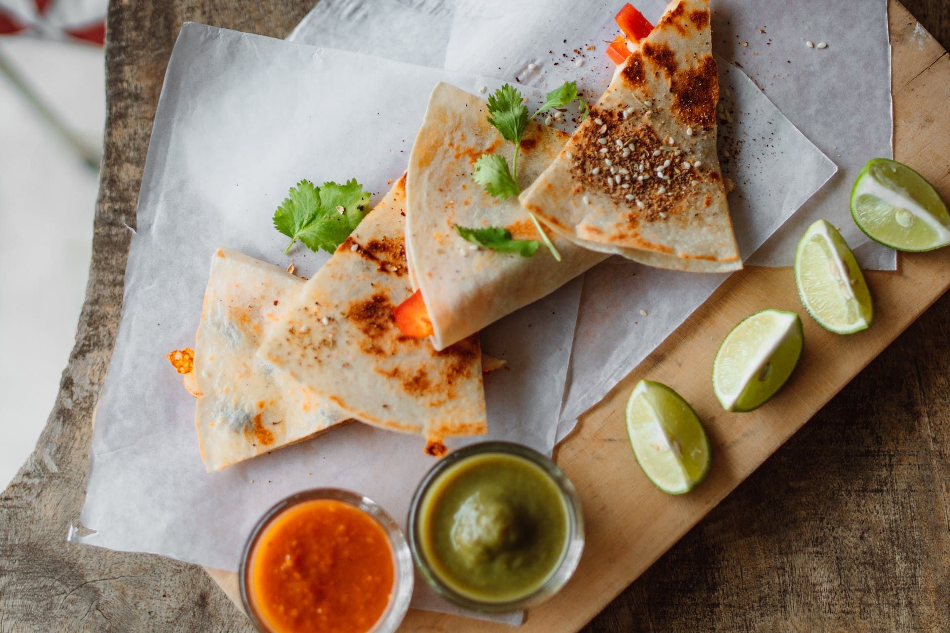 grilled quesadilla on the wooden board