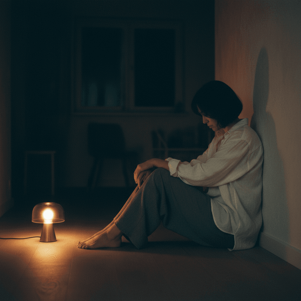 Žena sedí v noci opretá o stenu pri lampe a upokojuje rozbehnuté myšlienky
